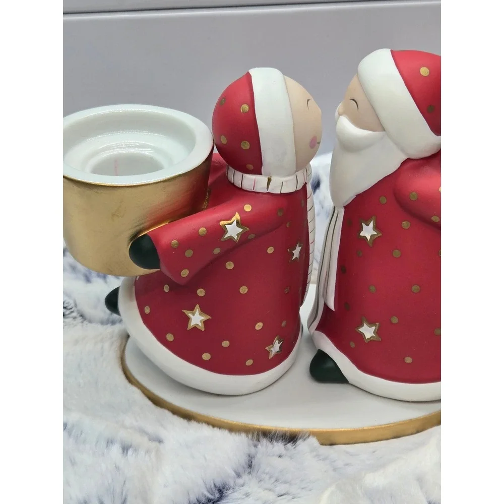 PartyLite Christmas Santa Couple Tealight Holder Ceramic Red Gold Holiday - Picture 4 of 7